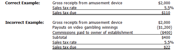 correct and incorrect examples of calculating gross receipts from amusement devices