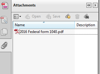 Graphic showing 2016 Federal form 1040 PDF listed in Attachments list in Adobe Acrobat Reader.