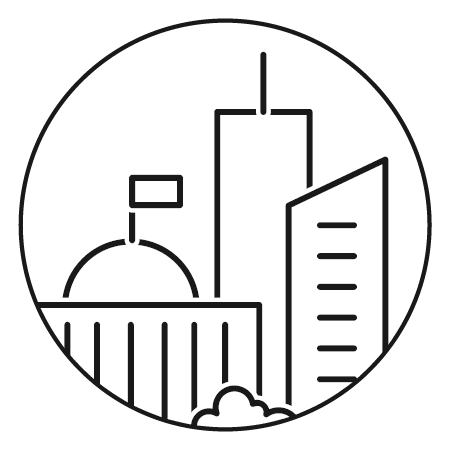 Graphic of a city building within a circle