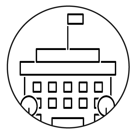 Graphic of a city building within a circle