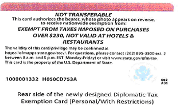 Diplomat Tax Exemption Card back
