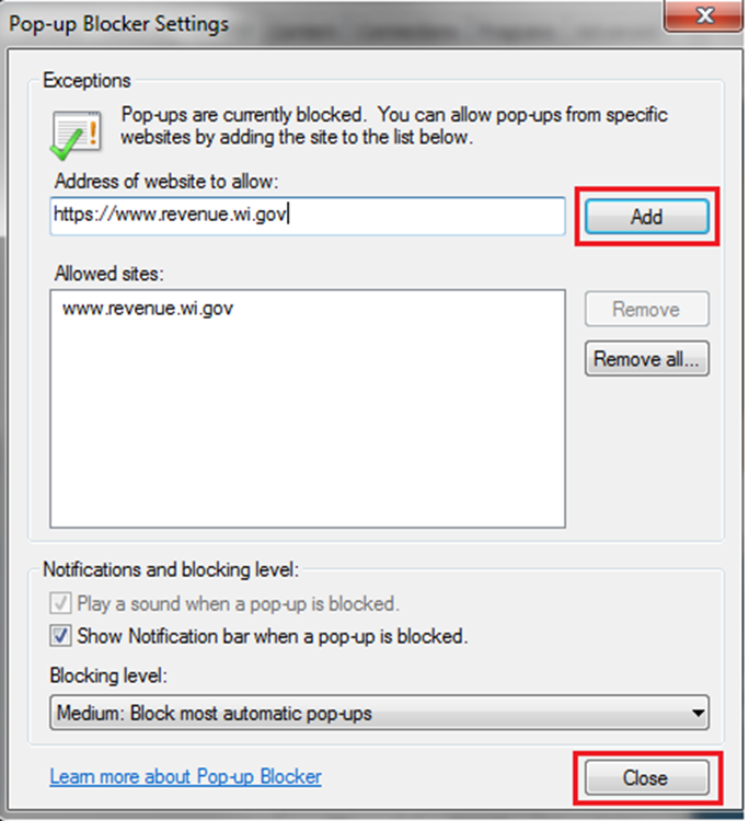 pop-up blocker settings