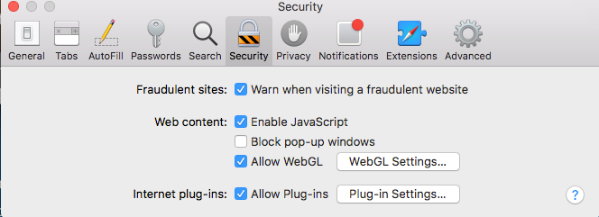 security settings in preferences menu