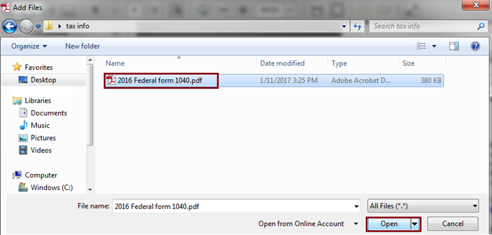 Graphic of Windows Explorer showing 2016 Federal form 1040 PDF in a tax info directory.